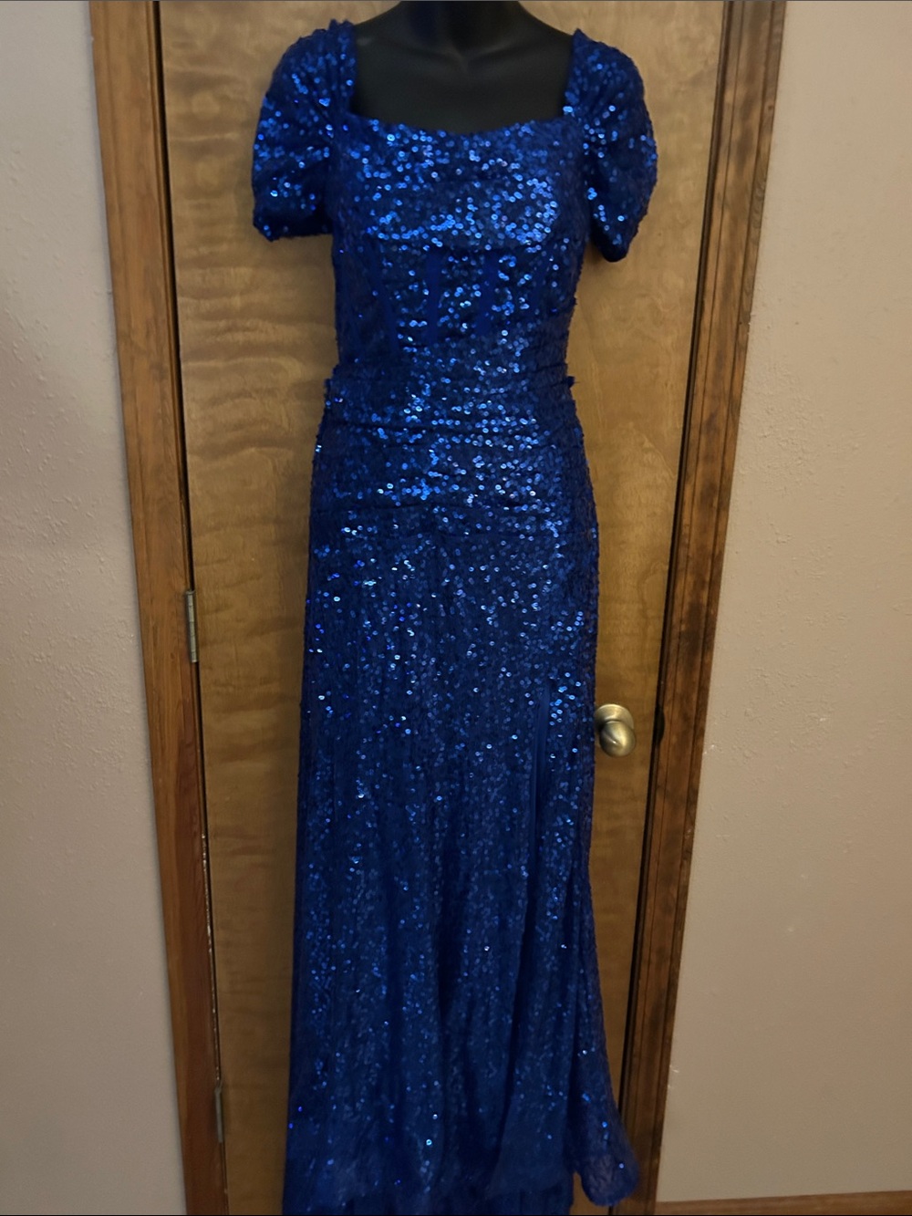 Source Unknown Royal Blue Sequined Prom Gown with Puff Sleeves & removable train